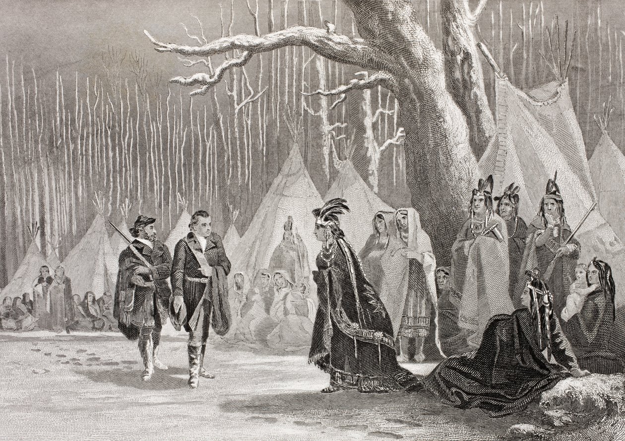 Washington a Gist navštěvují indickou královnu Alliquippu z „Galerie historických portrétů“, vydané kolem roku 1880 od English School