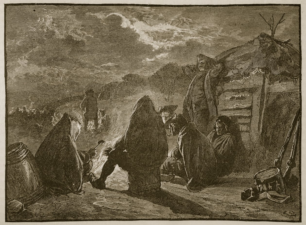 Washington u táborového ohně ve Valley Forge, ilustrace z Cassells Illustrated History of England (sépiová fotografie) od English School