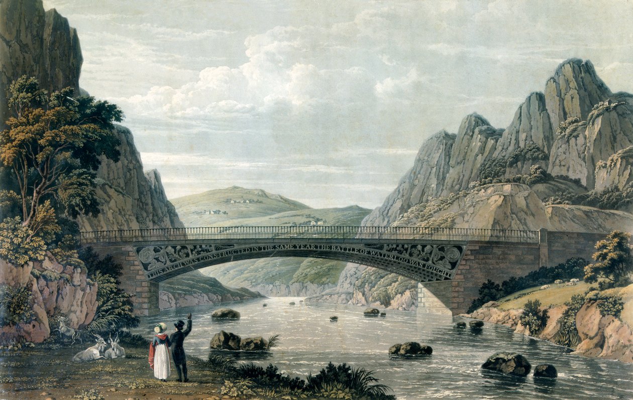 Most Waterloo přes řeku Conwy, Wales (barevná rytina) od English School
