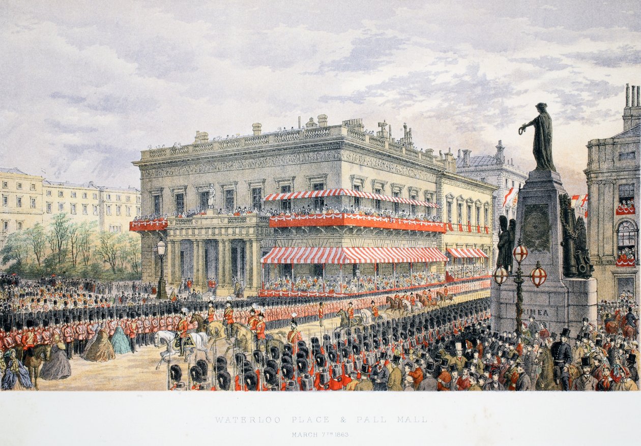 Waterloo Place a Pall Mall, z Památníku svatby Edwarda VII a Alexandry Dánské, hospoda. 1864 od English School