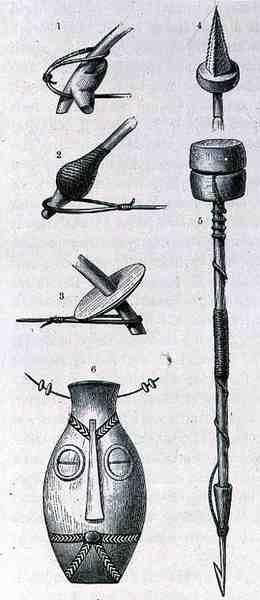 Zbraně, amulet a harpuna z Manyemy, z Historie lidstva, svazek III, od prof. Friedricha Ratzela, 1898 od English School