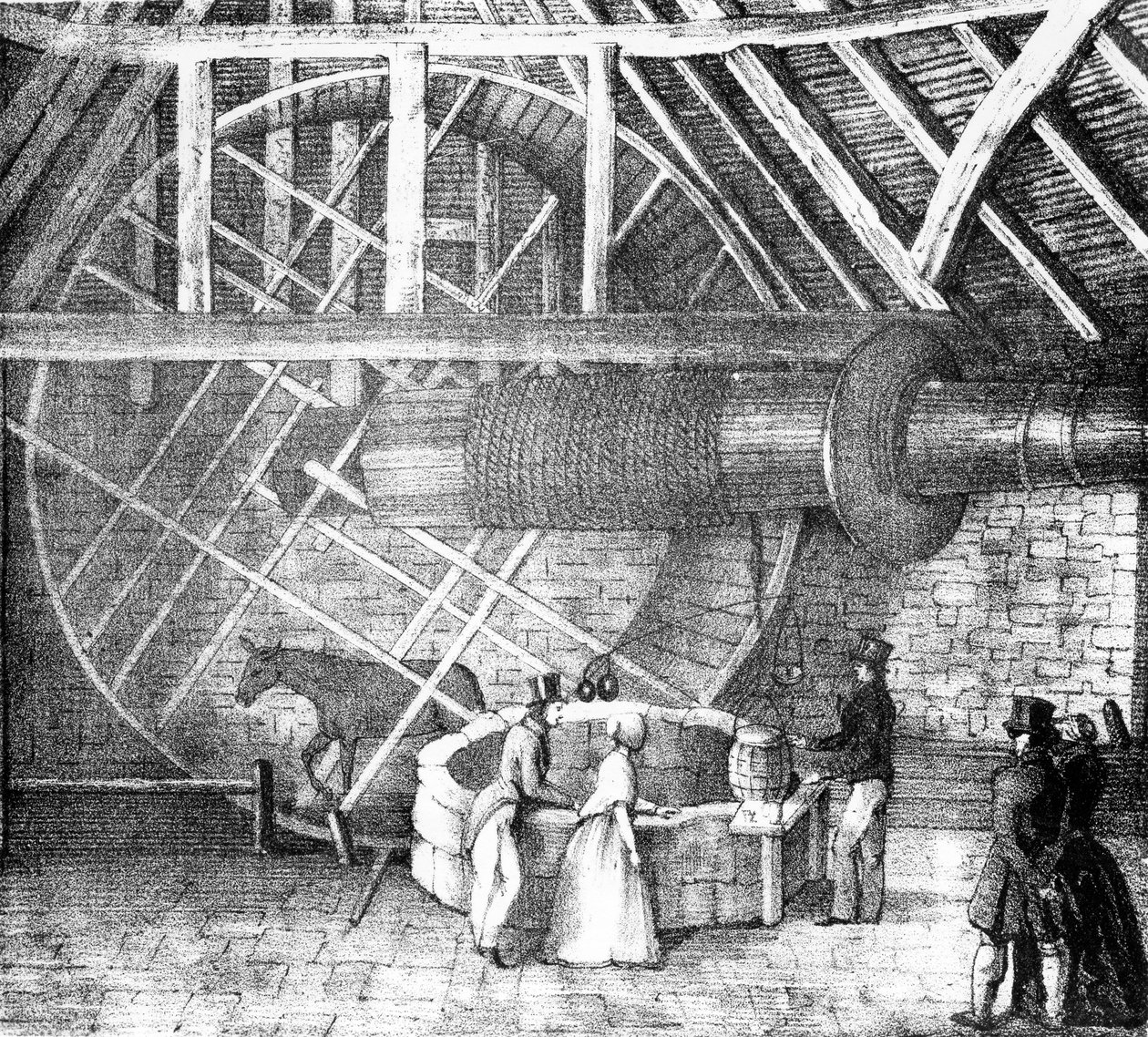 Nosný kladkostroj poháněný oslem, kolem roku 1870 od English School