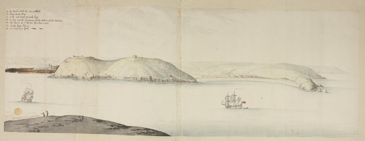 Západní vstup do přístavu Cork, od Kidds, neboli Kráva a tele, po ostrov Cross Beg; West Entrance of Cork Harbour, zobrazující Halbowlin Island, Spike Island a Cross Haven, kolem roku 1684 (pero, inkoust a akvarel na papíře) od English School