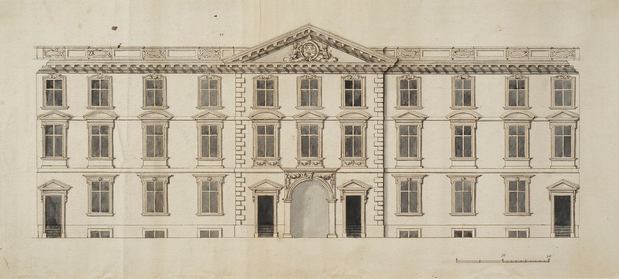 Západní přední část navrhované nové budovy pro Garden Quadrangle na New College, cca 1680 (inkoust a šedá barva na papíře) od English School