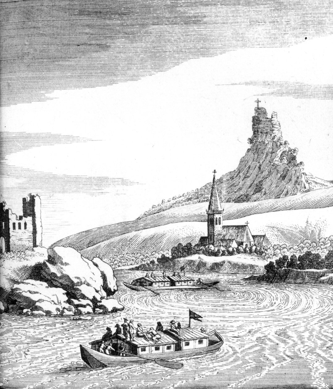 Whirlpool in the Danube, z knihy An Account of Několik cest od Edwarda Browna, publikovaná v roce 1677 od English School
