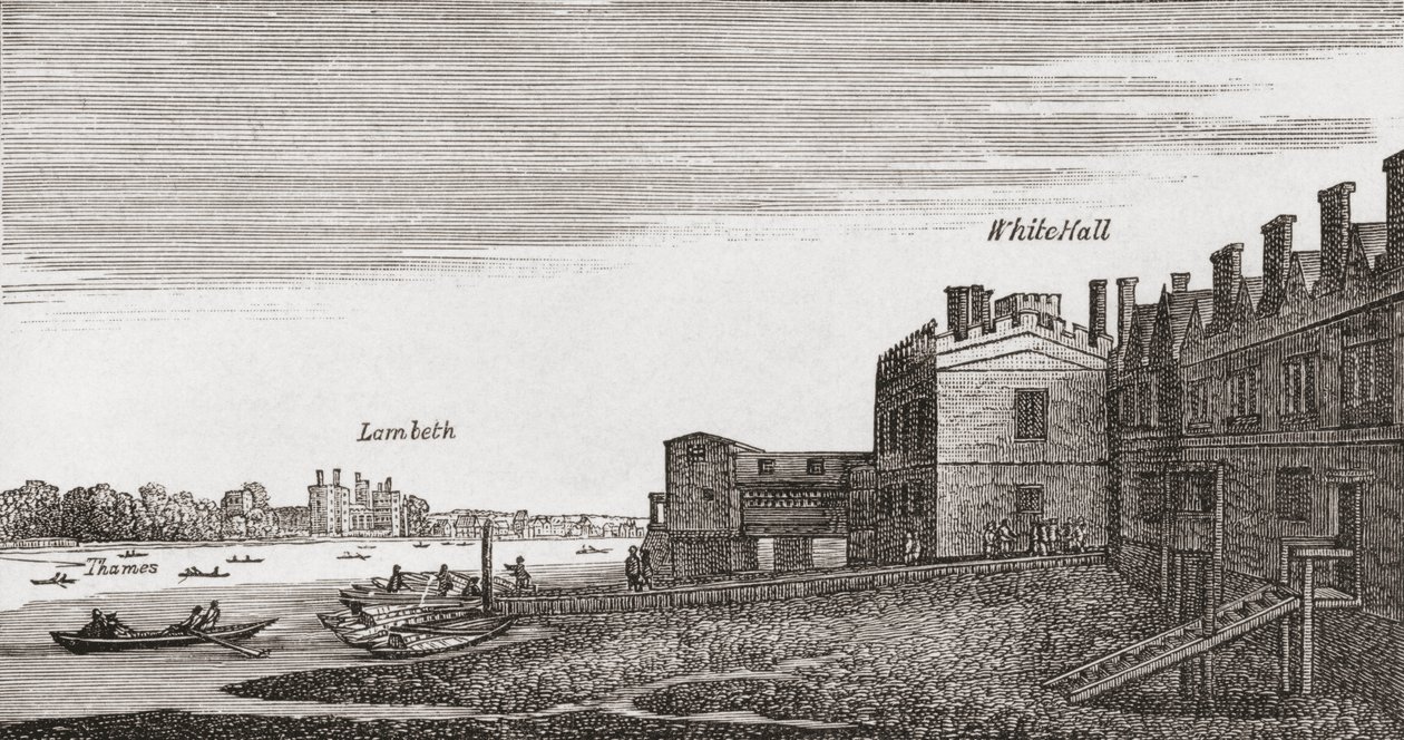 Whitehall, Londýn, jak tomu bylo v 18. století, z „Krátké historie anglického lidu“ od J. R. Greena, vydaného v roce 1893 od English School