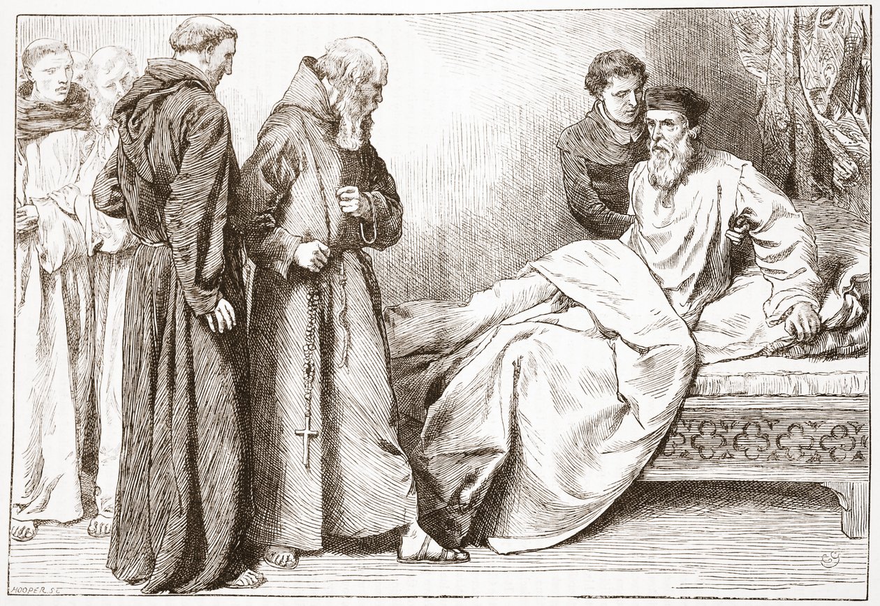 Wycliffe a mniši: scéna v ložnici, ilustrace z Dějin protestantismu od Jamese Aitkena Wylie (1808-1890), hospoda. 1878 od English School
