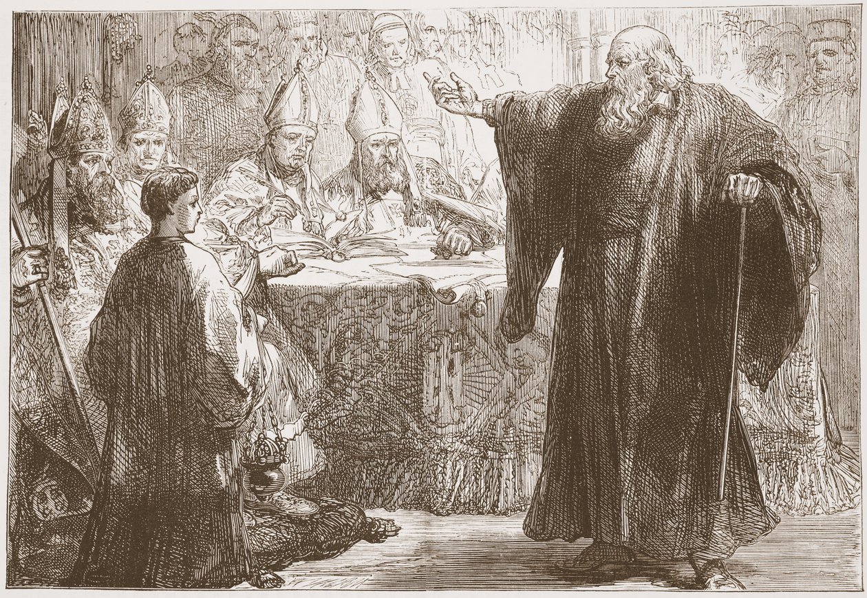 Wicliffe před shromážděním v Oxfordu, ilustrace z Historie protestantismu od Jamese Aitkena Wylie (1808-1890), hospoda. 1878 od English School