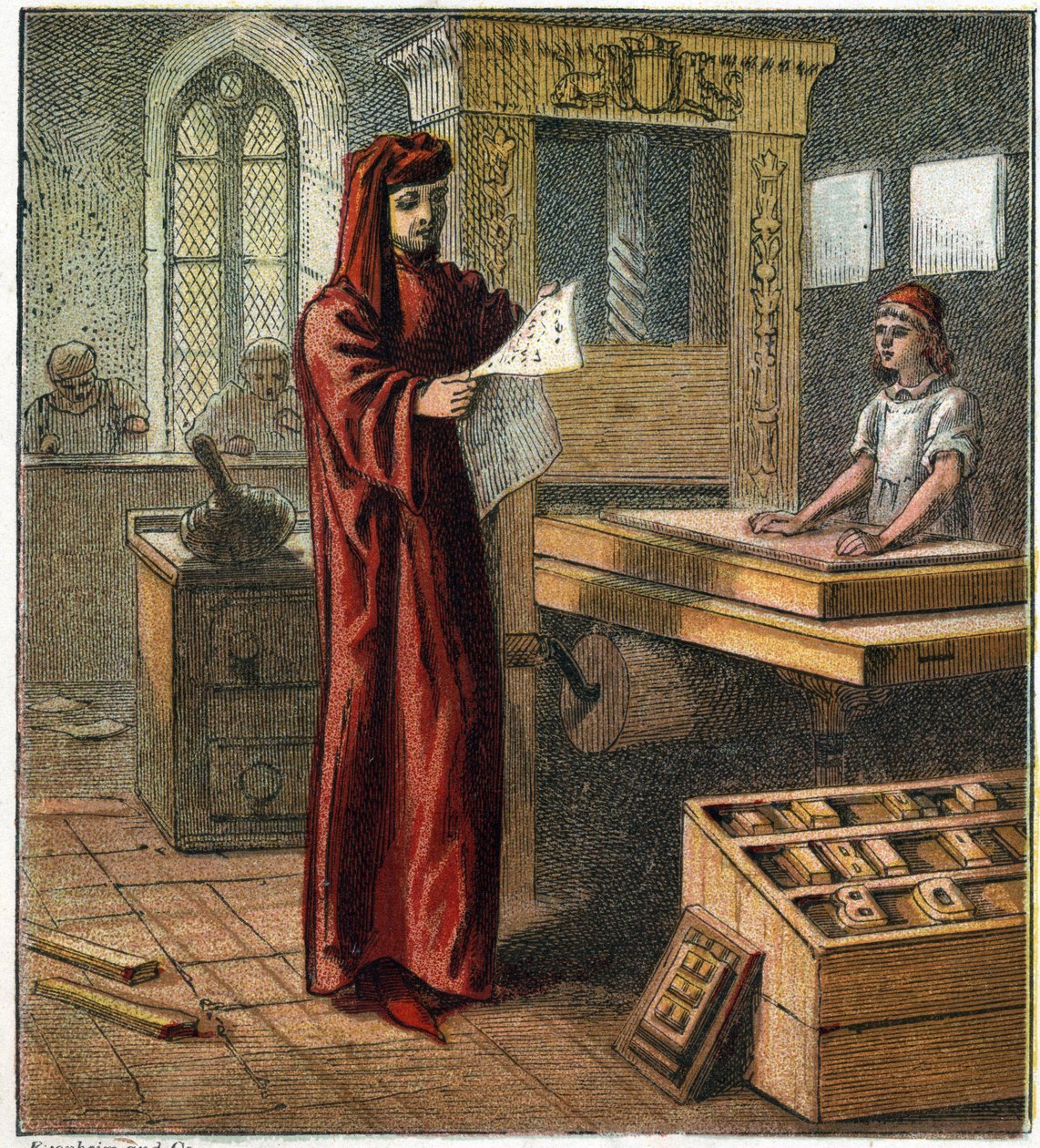 William Caxton (1422-1491), první anglický tiskař, ve své dílně s tiskařským lisem. William Caxton, první anglický tiskař. od English School