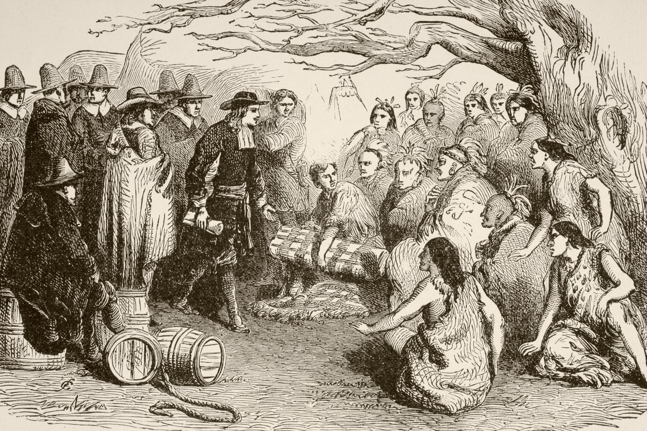 William Penn tekee sopimuksen Delawaren tai Lenapen intiaanien kanssa vuonna 1682 (litho) od English School