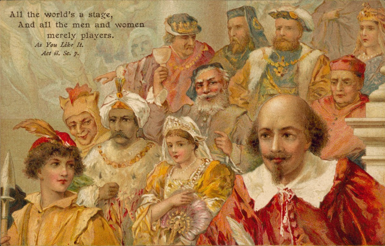 William Shakespeare s některými svými postavami (barevná litografie) od English School