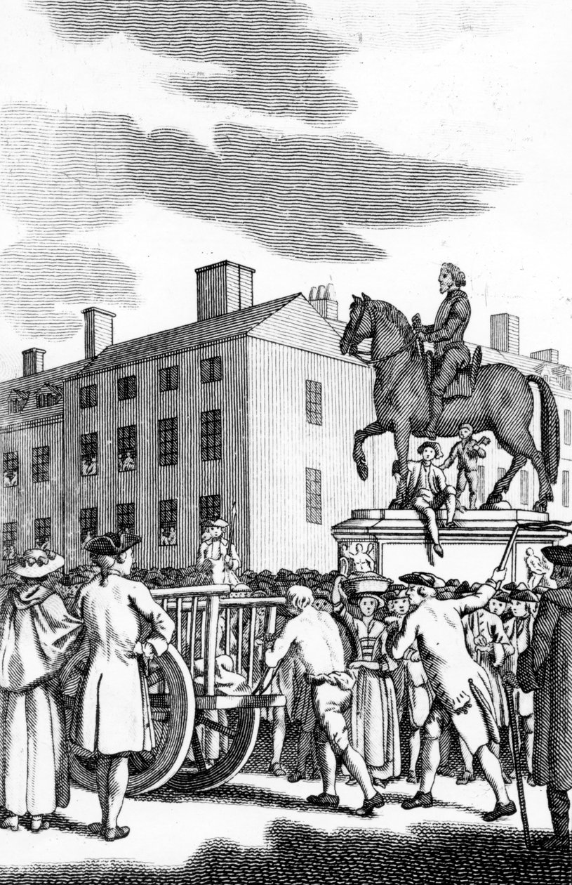 William Stroud, „Muž bičovaný u ocasu vozíku za drobné krádeže od Charing Cross po Horse Guards“, vyryto pro Tyburn Chronicle od English School