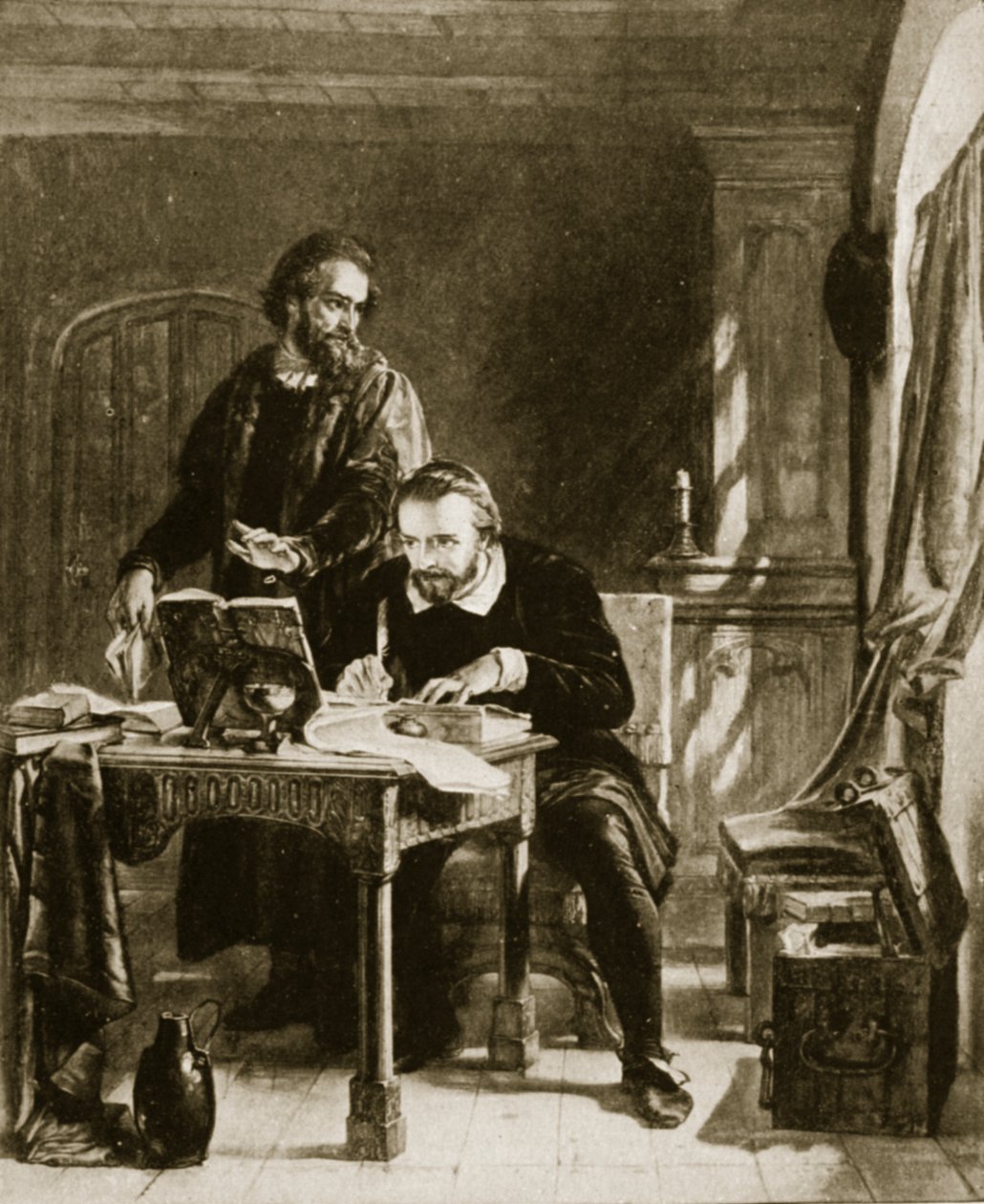 William Tyndale překládá Nový zákon, ilustrace z knihy Hutchinsons Story of the British Nation, cca 1923. od English School