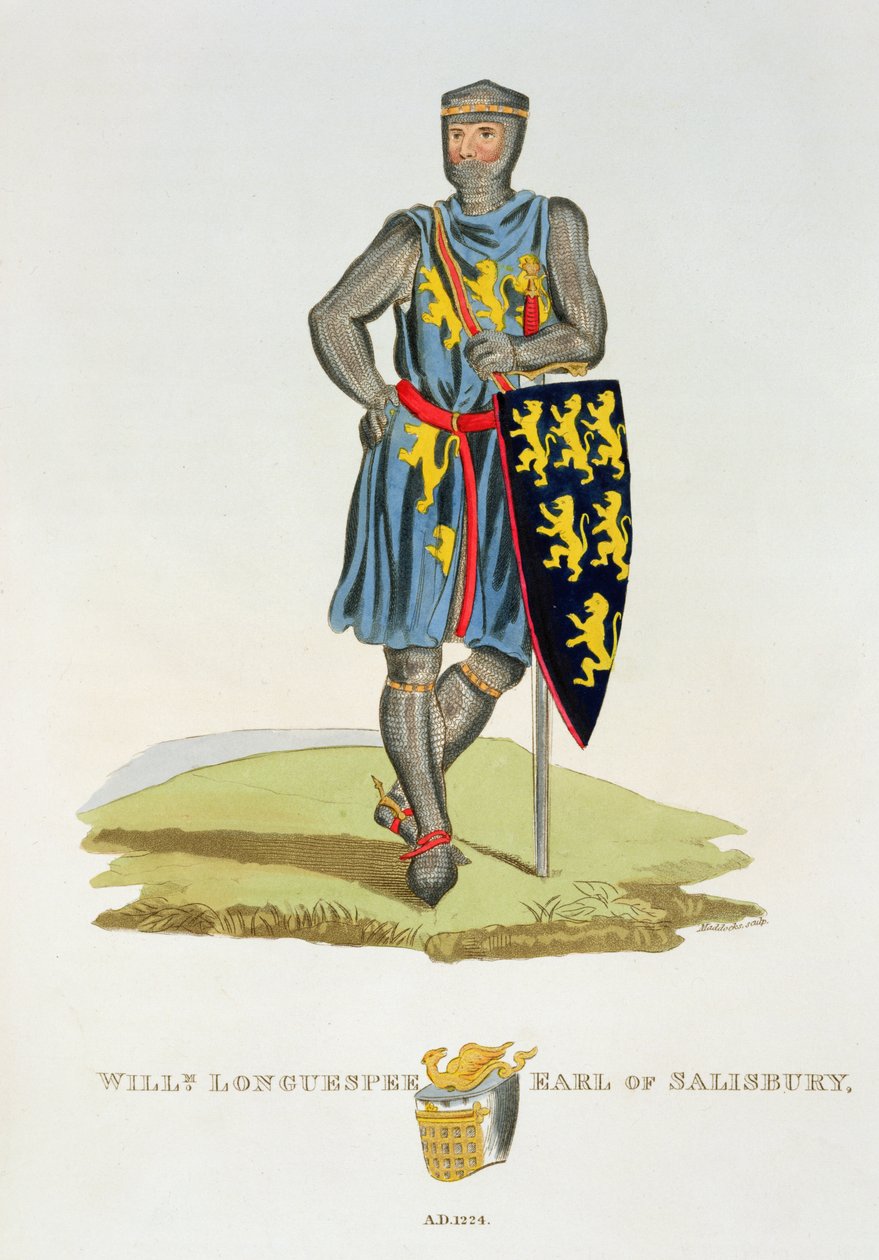 William de Longuespee, 3. hrabě ze Salisbury (zemř. 1226) 1224, vyryl W. Maddocks, z knihy Ancient Armour od Samuela Rushe Meyricka, 1824 od English School