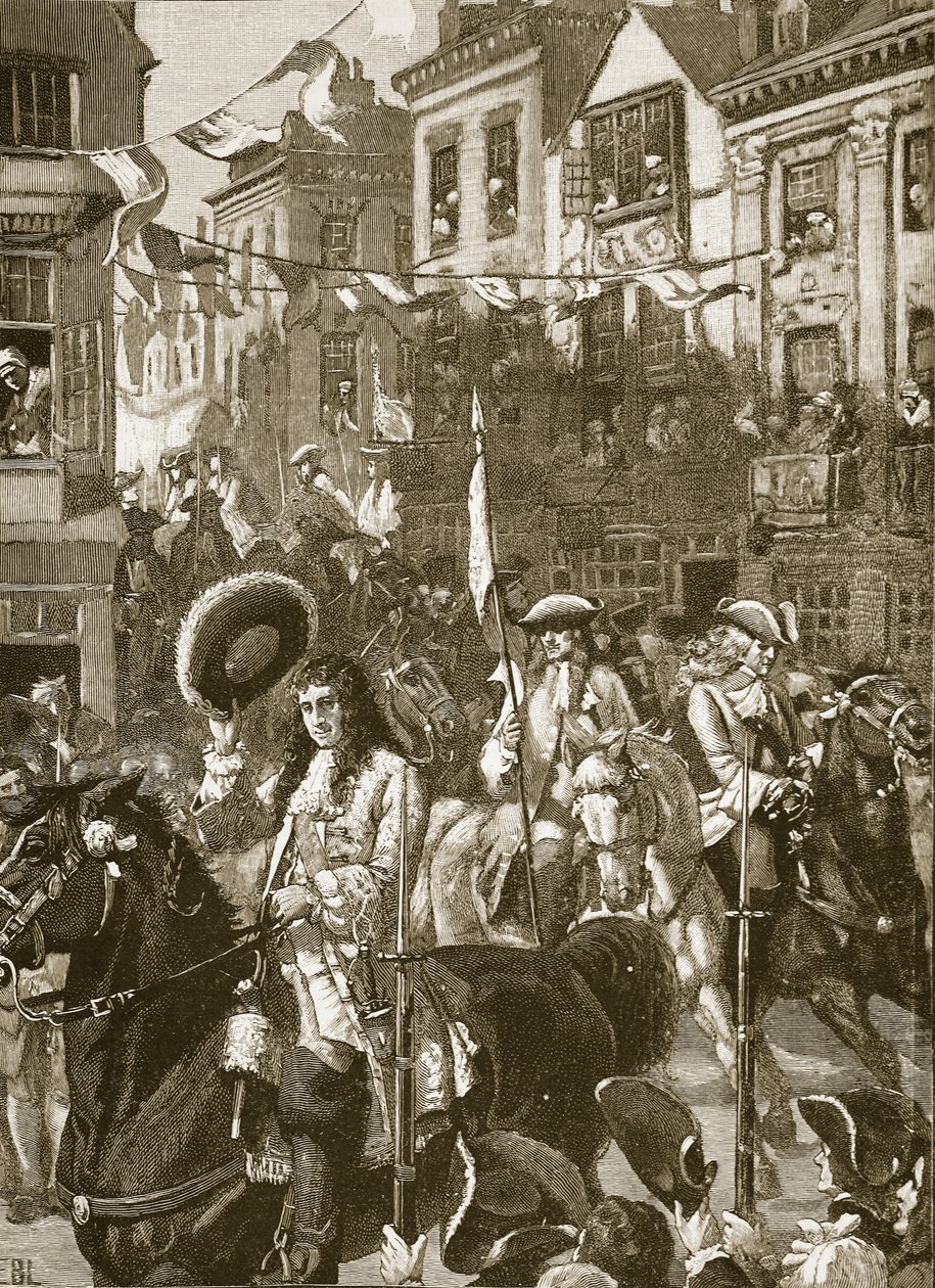 Williamsův triumfální průvod na Whitehall, ilustrace z Cassells Illustrated History of England (sépiová fotografie) od English School