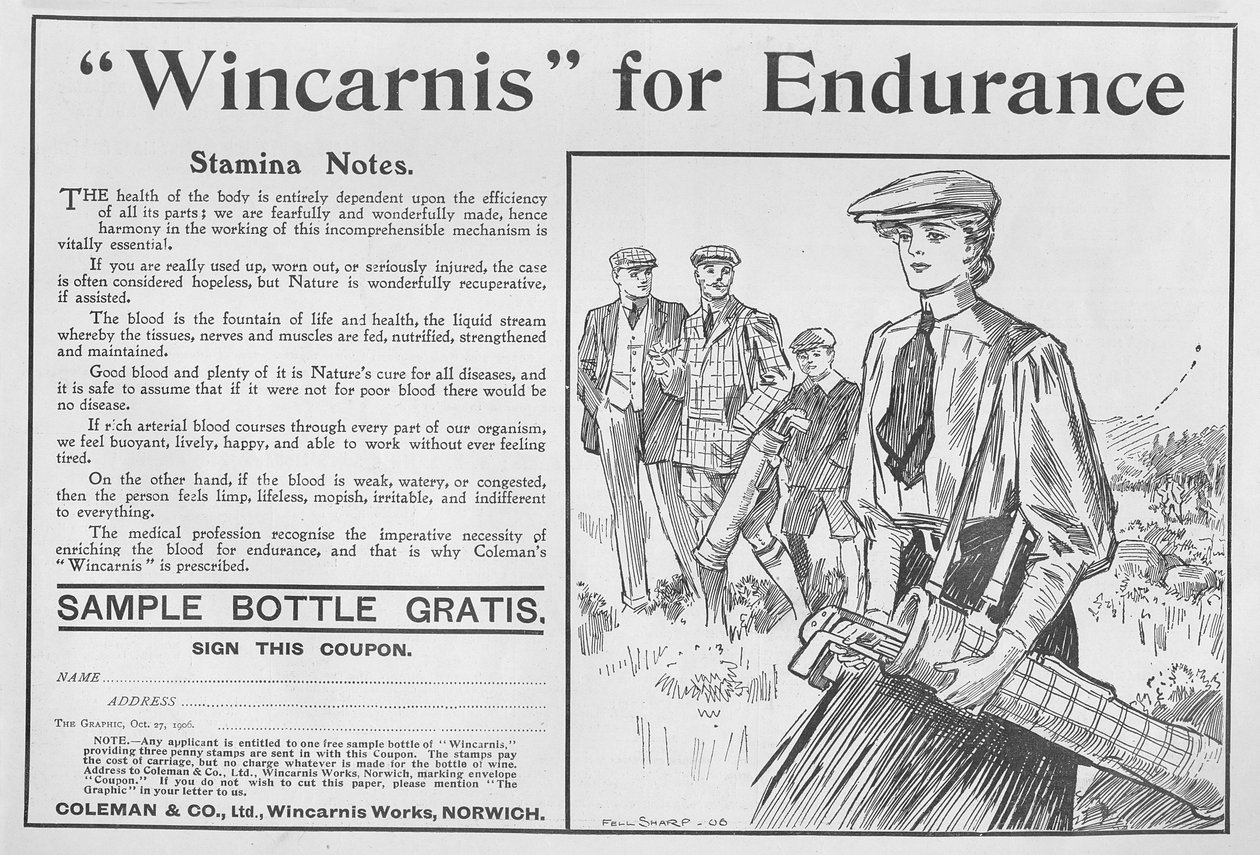 Wincarnis pro Endurance, reklama z The Graphic, 27. října 1906 od English School