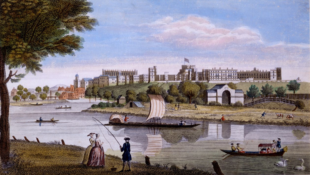 Windsorský hrad přes Temži, cca 1760 (ručně kolorovaná rytina) od English School