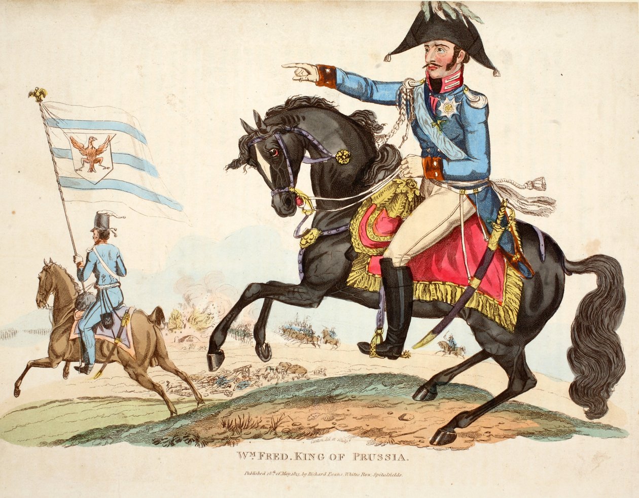 Wm Fred. král pruský, hospod. od Richarda Evanse, engr Romney, ilustrace z Historický popis bitvy u Waterloo od Williama Mudforda, 1816 od English School