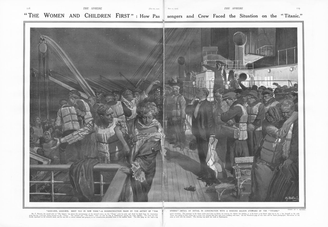 Žena a děti na prvním místě: Jak pasažéři a posádka čelili situaci na Titaniku, z The Sphere, 11. května 1912 od English School