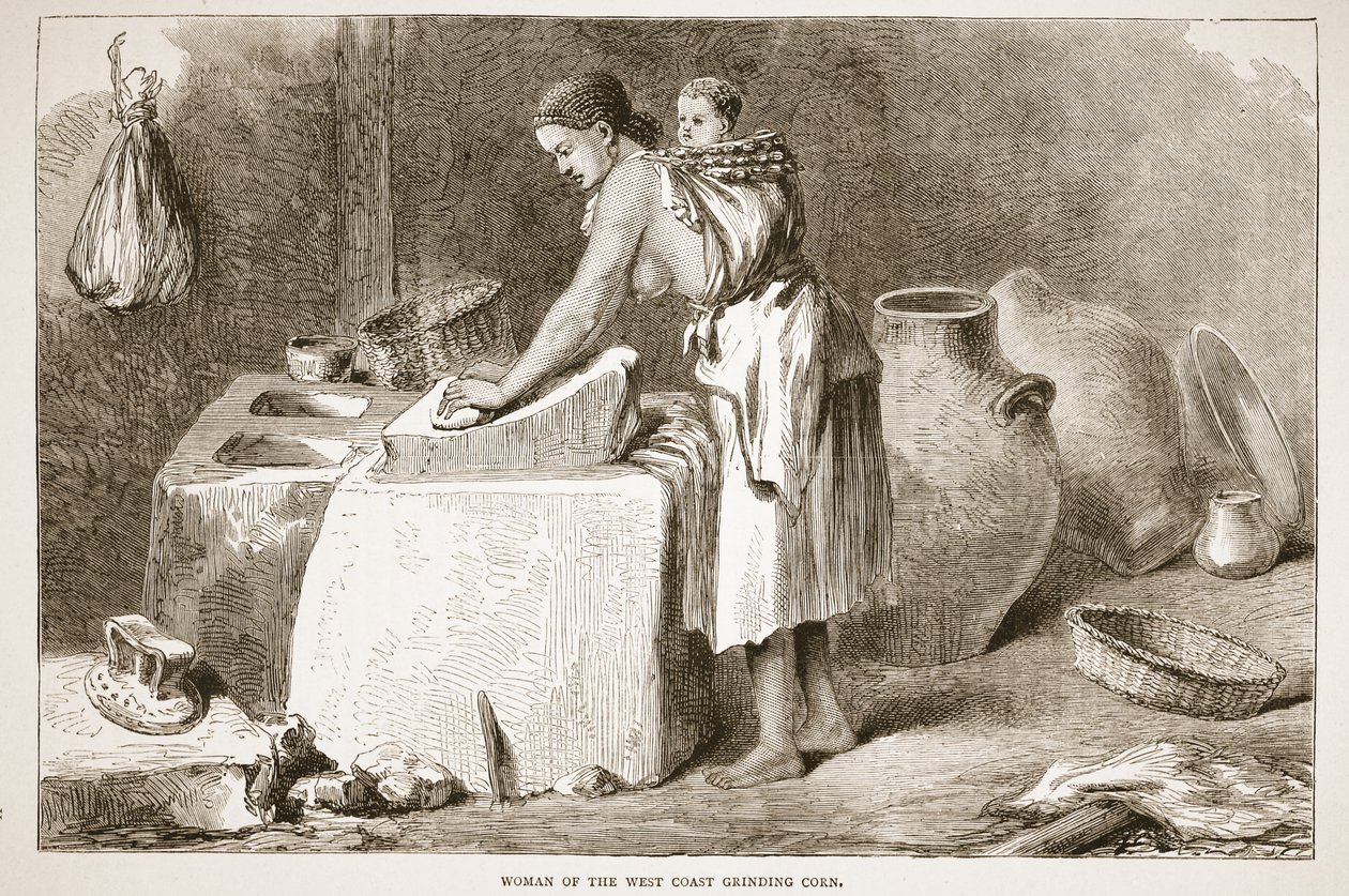 Žena ze západního pobřeží mletí kukuřice, ilustrace z Obrazového vydání života a objevů Davida Livingstona od J. Ewinga Richieho, pub. od A. Fullarton & Co., 1876 od English School