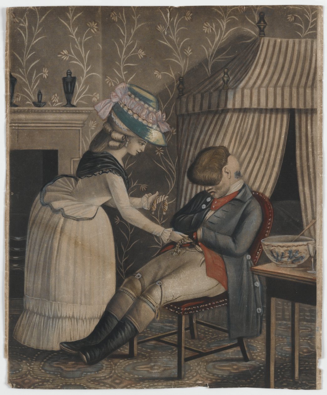 Žena krade spícímu muži peněženku a kapesní hodinky, kolem roku 1790 (ručně barvená mezzotinta) od English School