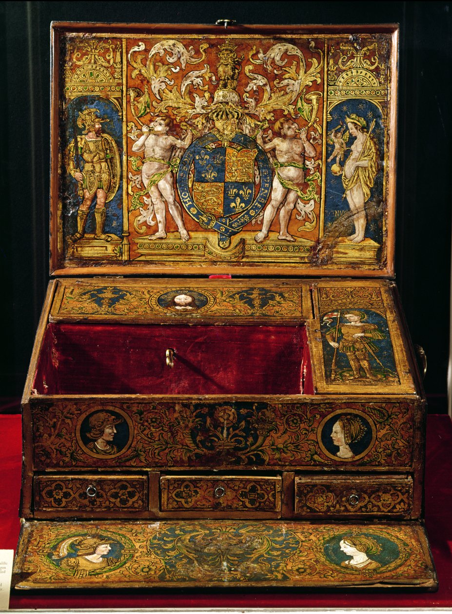 Psací skříň nebo stolní stůl, pravděpodobně malovaný Lucasem Horneboltem (asi 1492-1544) asi 1525-27 (ořech a dub s malovanou a zlacenou kůží) od English School