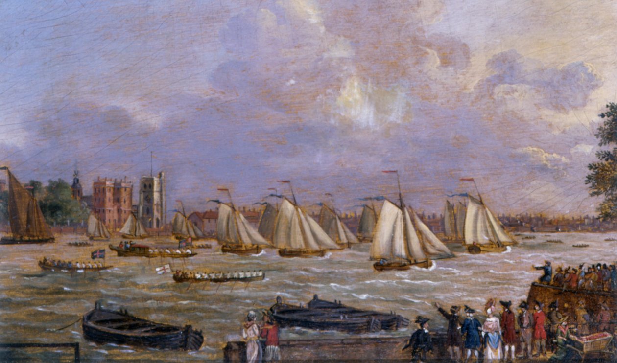 Jachty Cumberland Fleet závodící u paláce Lambeth, 1775 od English School