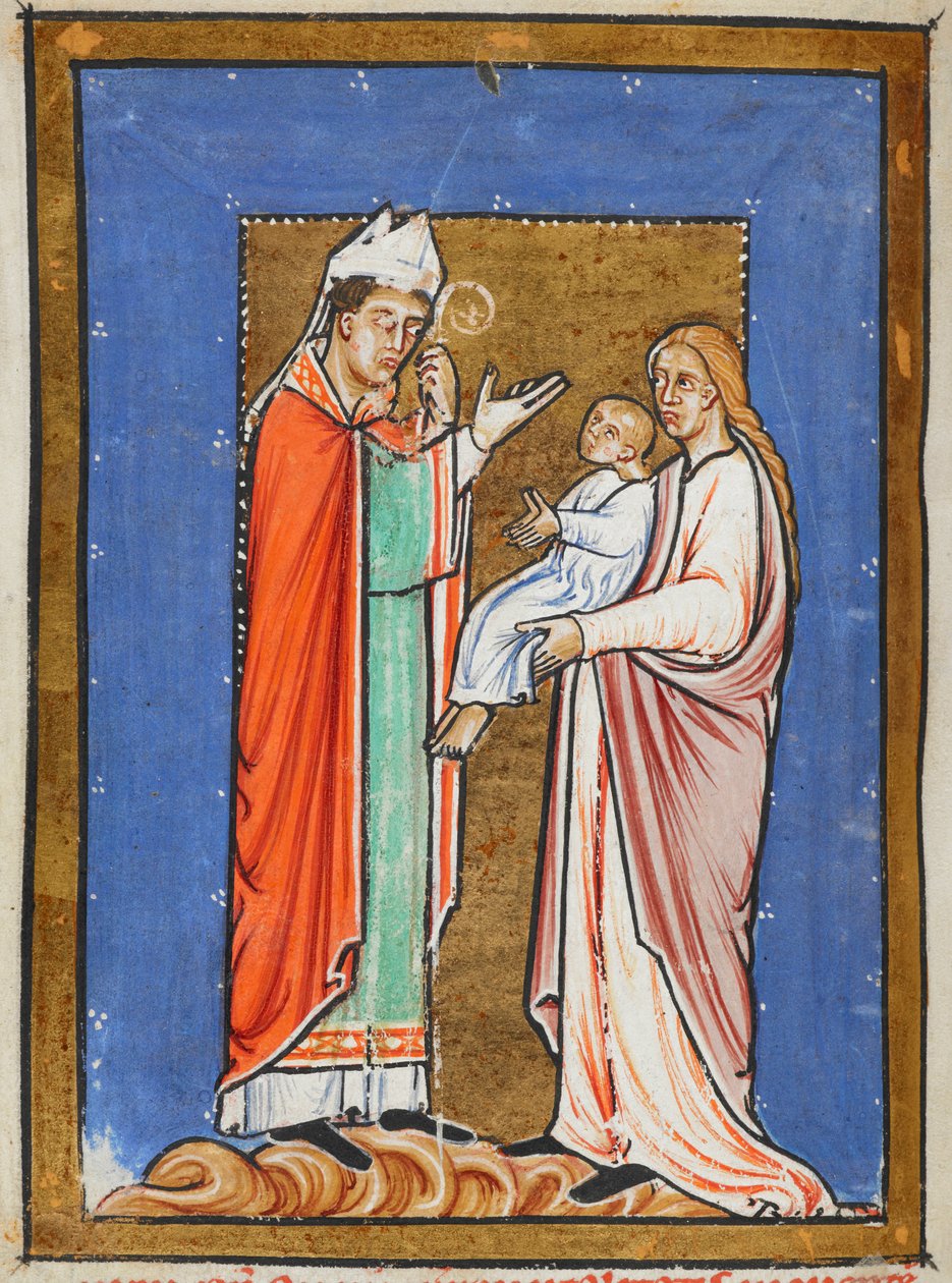 Yates Thompson 26 f.62v St. Cuthbert Healing a Child with the Mor, ilustrace z „Prózy Život sv. Cuthberta“, od Bede (vellum) od English School