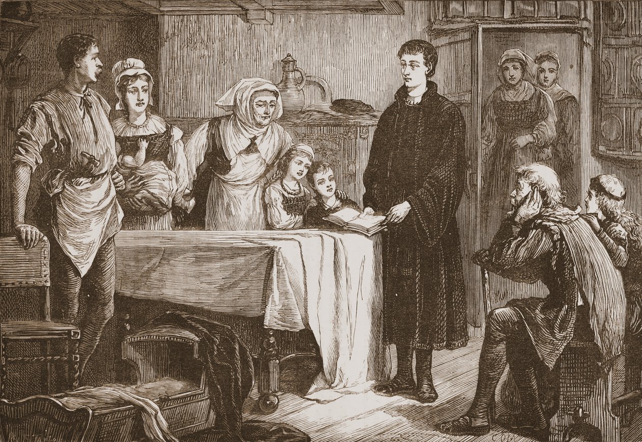 Mladý Calvin vykládá Bibli rodině v Bourges, ilustrace z Historie protestantismu od Jamese Aitkena Wylie (1808-1890), hospoda. 1878 od English School
