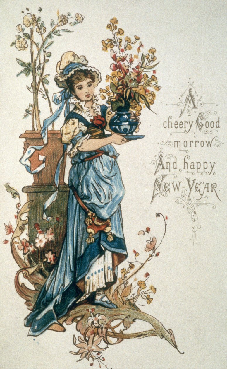 Mladá dívka v modrém s přáním šťastných Vánoc a nového roku, cca 1900 od English School