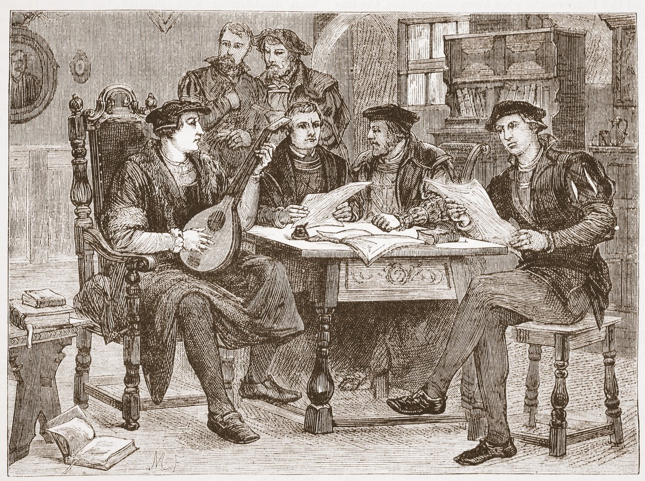 Zwingle mezi svými přáteli, ilustrace z Dějin protestantismu od Jamese Aitkena Wylie (1808-1890), hospoda. 1878 od English School
