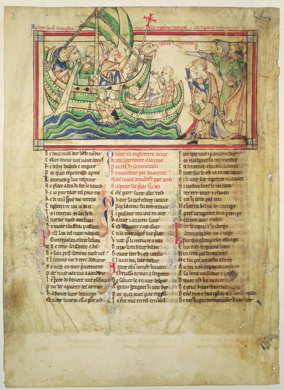 f.4v Thomas a Becket přistání v Sandwichi a žehnání vodě, z Becketových listů, kolem 1220-40 od English School
