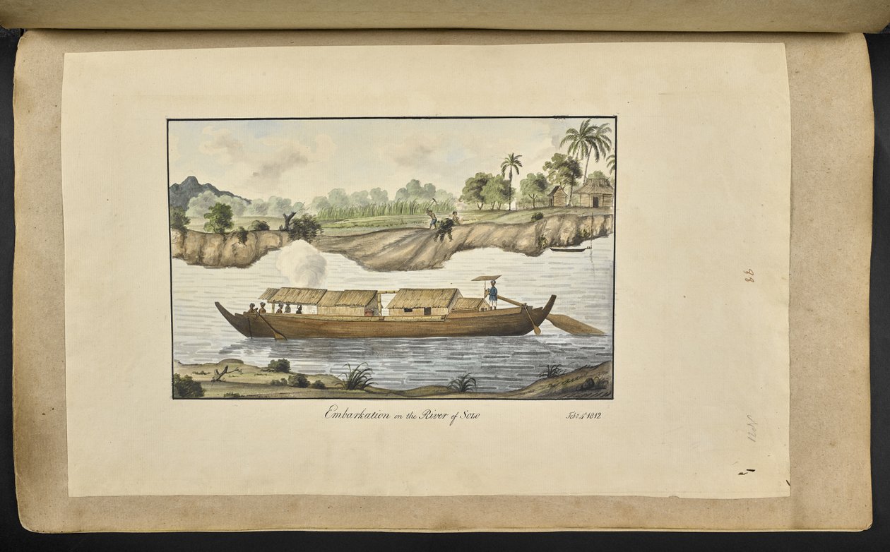 f.77 (tabulka 88) Loď na řece Solo (Surakarta, Střední Jáva). 4. února 1817. Na přední straně inkoustem napsáno: „Nalodění na řeku Solo. 4. února 1812.‘ (akvarel na papíře) od English School