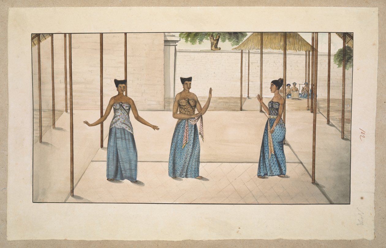 f.91 (102) Tři dvorní tanečnice serimpi a orchestr gamelan, pravděpodobně v Solo nebo Jogja 1811-13 (tužka a akvarel na papíře) od English School