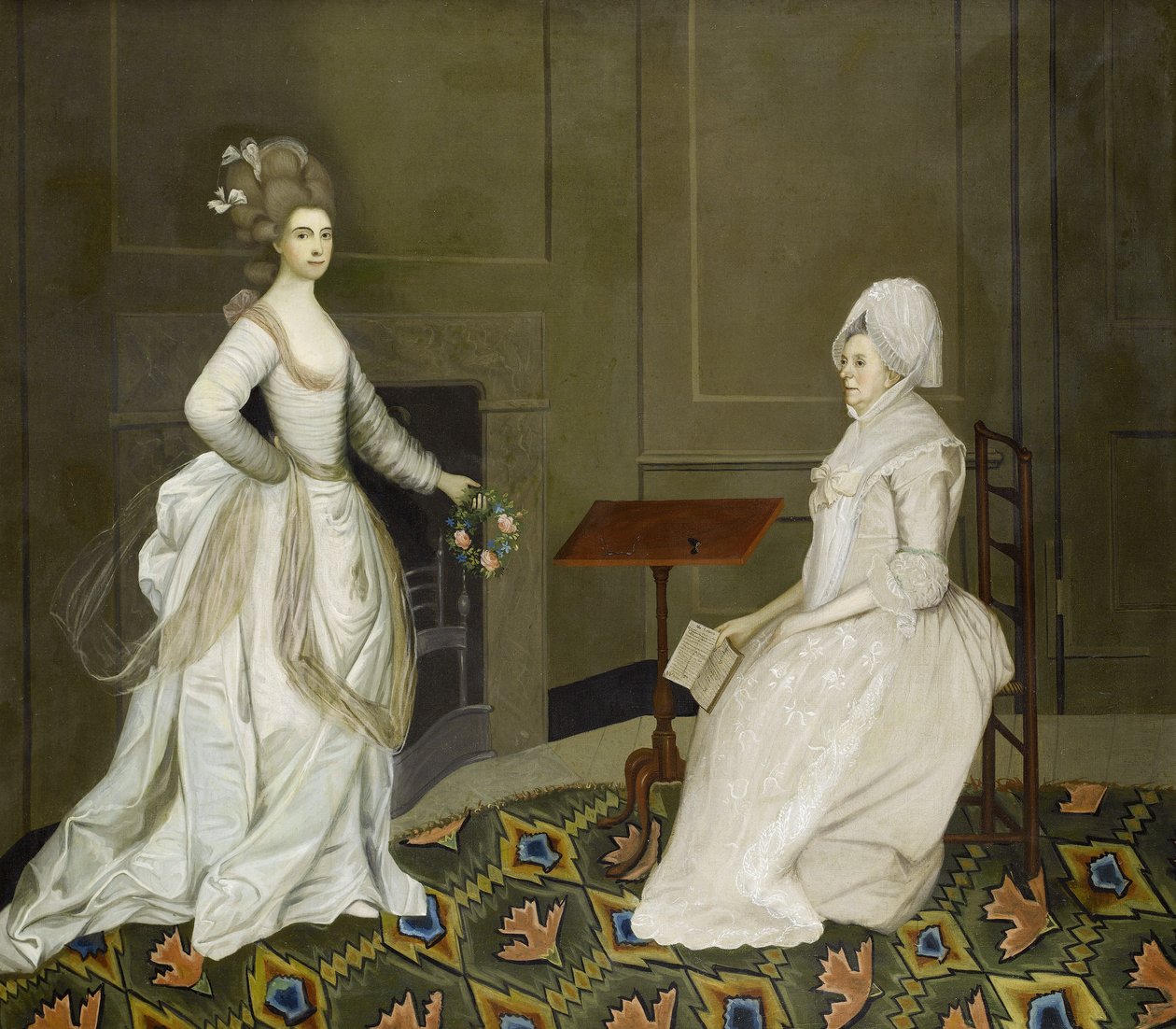 Kaksi naista sisätiloissa, toinen lukee, toisella kädessään kukkaseppele od English School, 18th Century