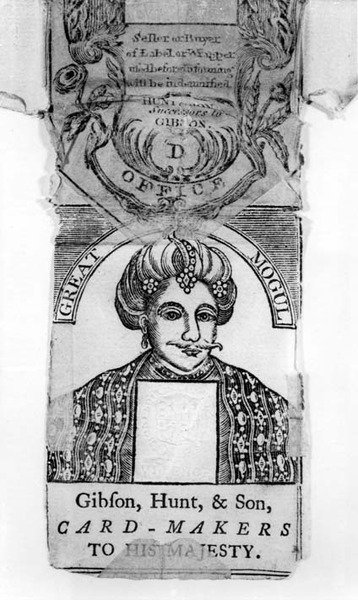 Obal na hrací karty Great Mogul, vyrobený společností Gibson, Hunt, & Sons, výrobci karet Jeho Veličenstvu od English School English School