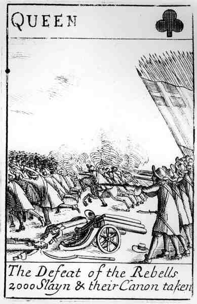 Hrací karta porážka rebelů, 1685 od English School English School