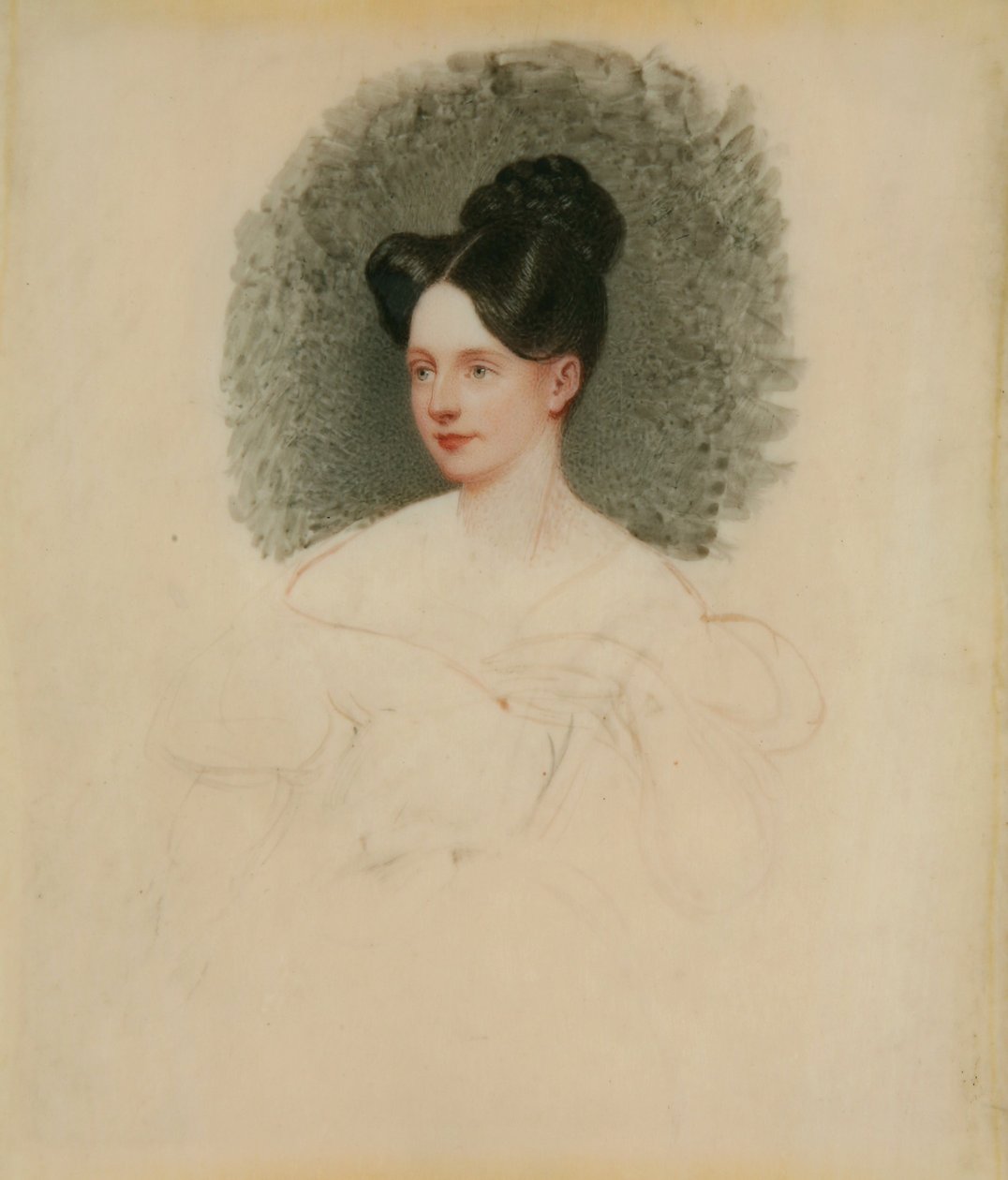 Nedokončený portrét Marianne Cregoe Colmare (později paní Baurton Bennett) kolem roku 1833-34 (miniatura na slonovině připevněná na kartě) od English School English School