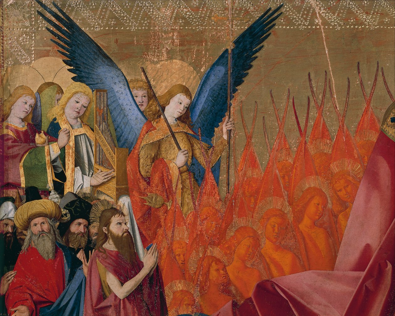 Andělé a svatí, detail z Coronation of Virgin od Enguerrand Quarton
