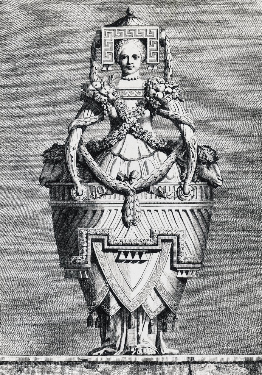 Antropomorfní váza, řecká nevěsta, rytina Ennemond-Alexandre Petitot (1727-1801) z Mascarade la Grecque, Suite des Vases and Cheminees, Parma od Ennemond Alexandre (after) Petitot