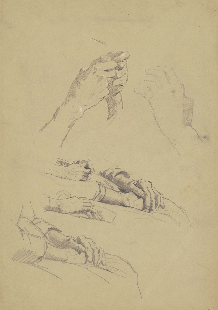 Šest studií rukou, asi 1870-90 (grafit a křída na hnědém vliesovém papíře) od Enoch Wood Perry