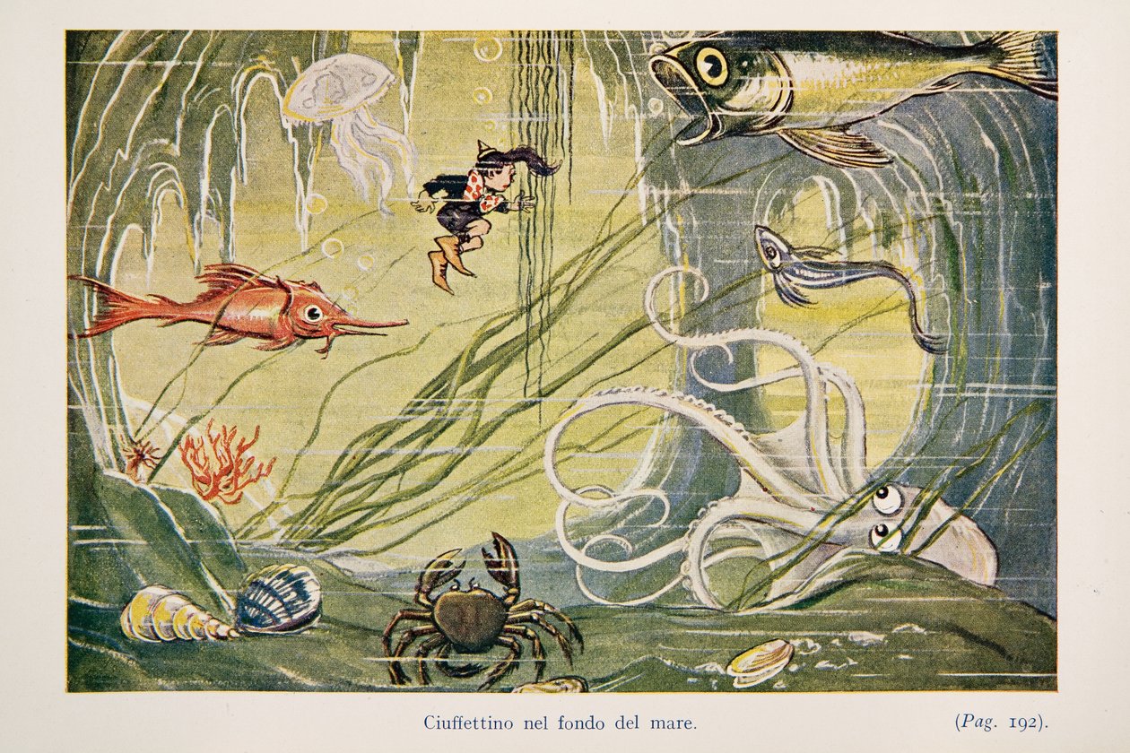 Ciuffettino na mořském dně, ilustrace z The Adventures of Ciuffettino od Enrico de Conti Novelli
