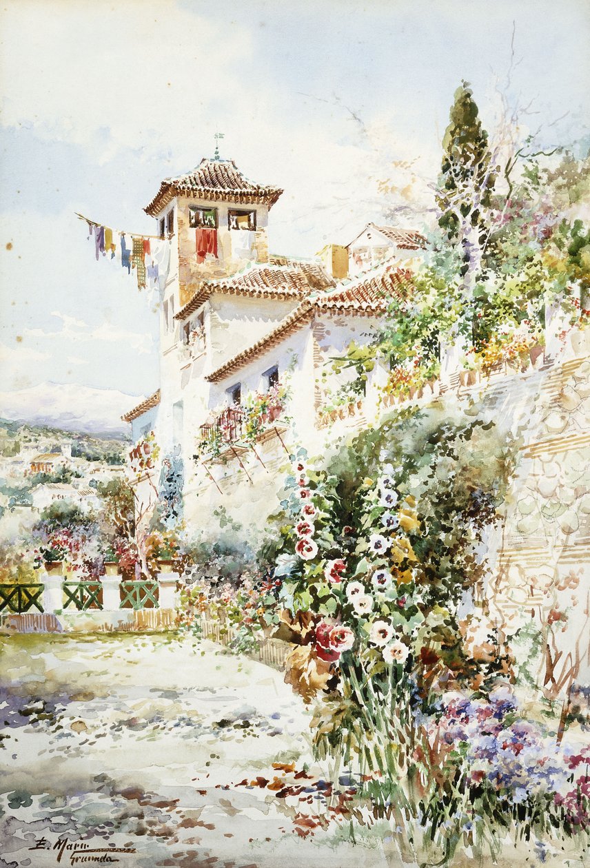 Andaluský dům a zahrada v létě (tužka a w/c) od Enrique Marin Higuero