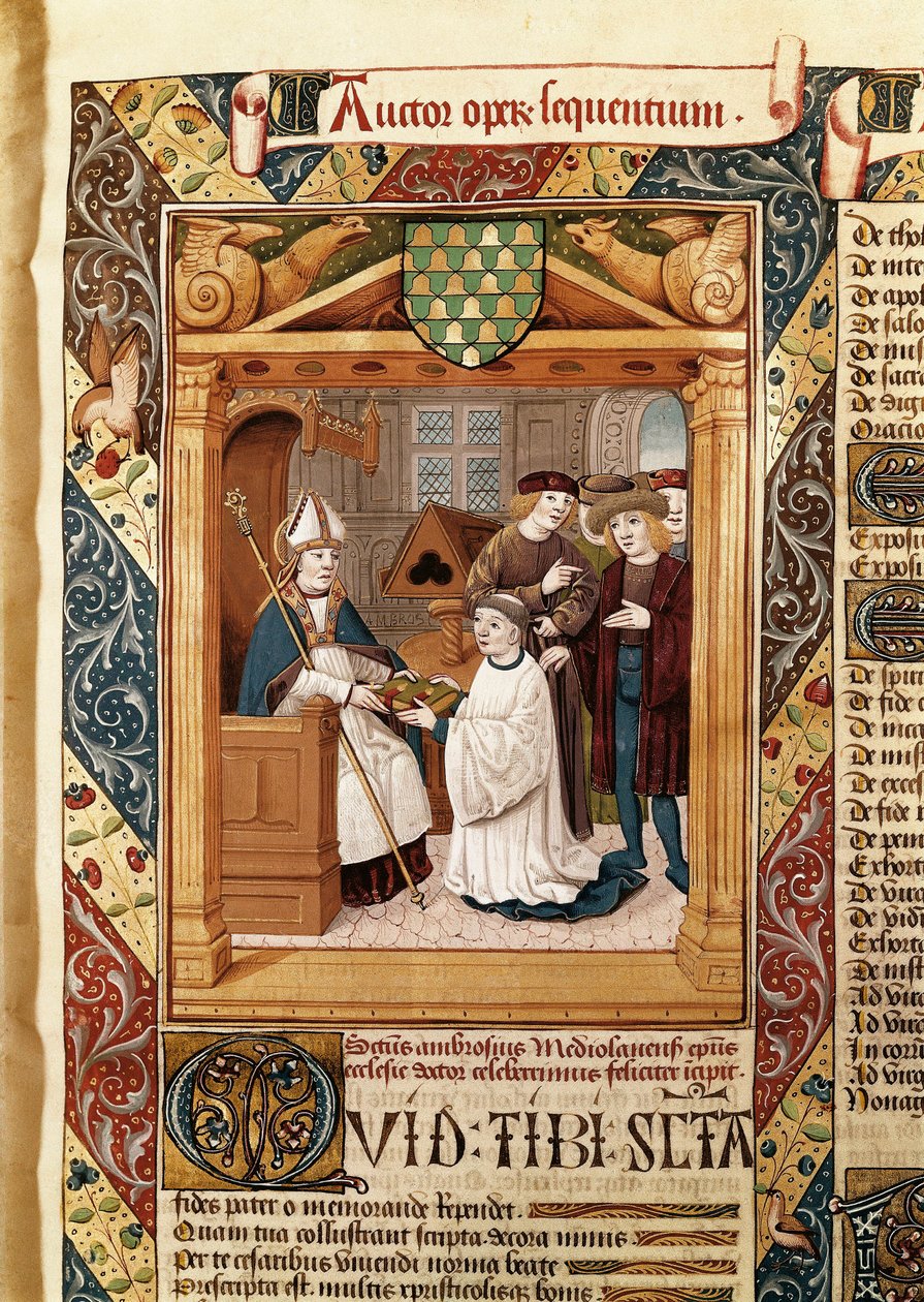 Svatý Ambrož (339-397), arcibiskup milánský, představuje svá díla příbuznému z „Díla svatého Ambrože (vol.1)“ od Enrique de Bellorto