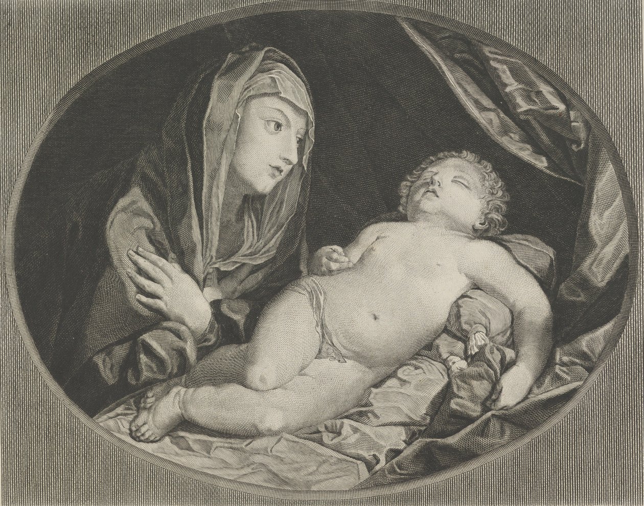 Panna s rukama zkříženýma na hrudi se dívá na spícího nemluvně Krista, v..., 1770-1834. od Ephraim Gottlieb Krüger