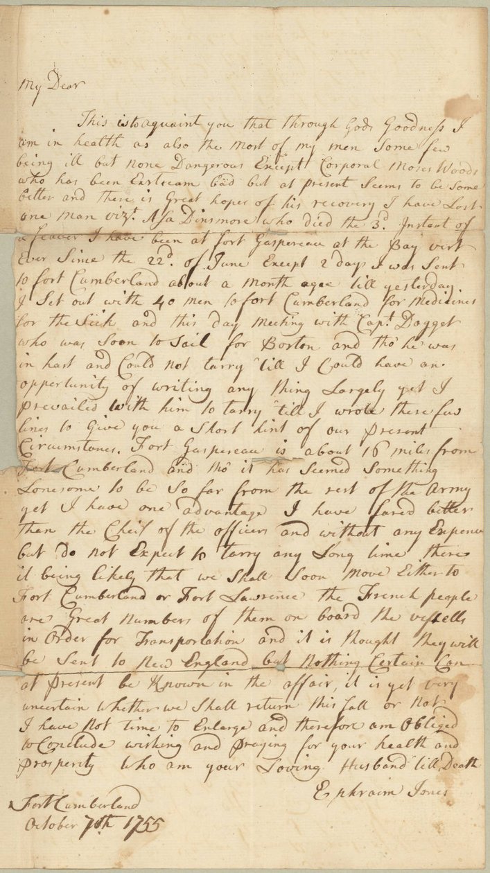 Dopis Allice Jonesové, Concord, Massachusetts, 7. října 1755 (pero a inkoust na papíře) od Ephraim Jones