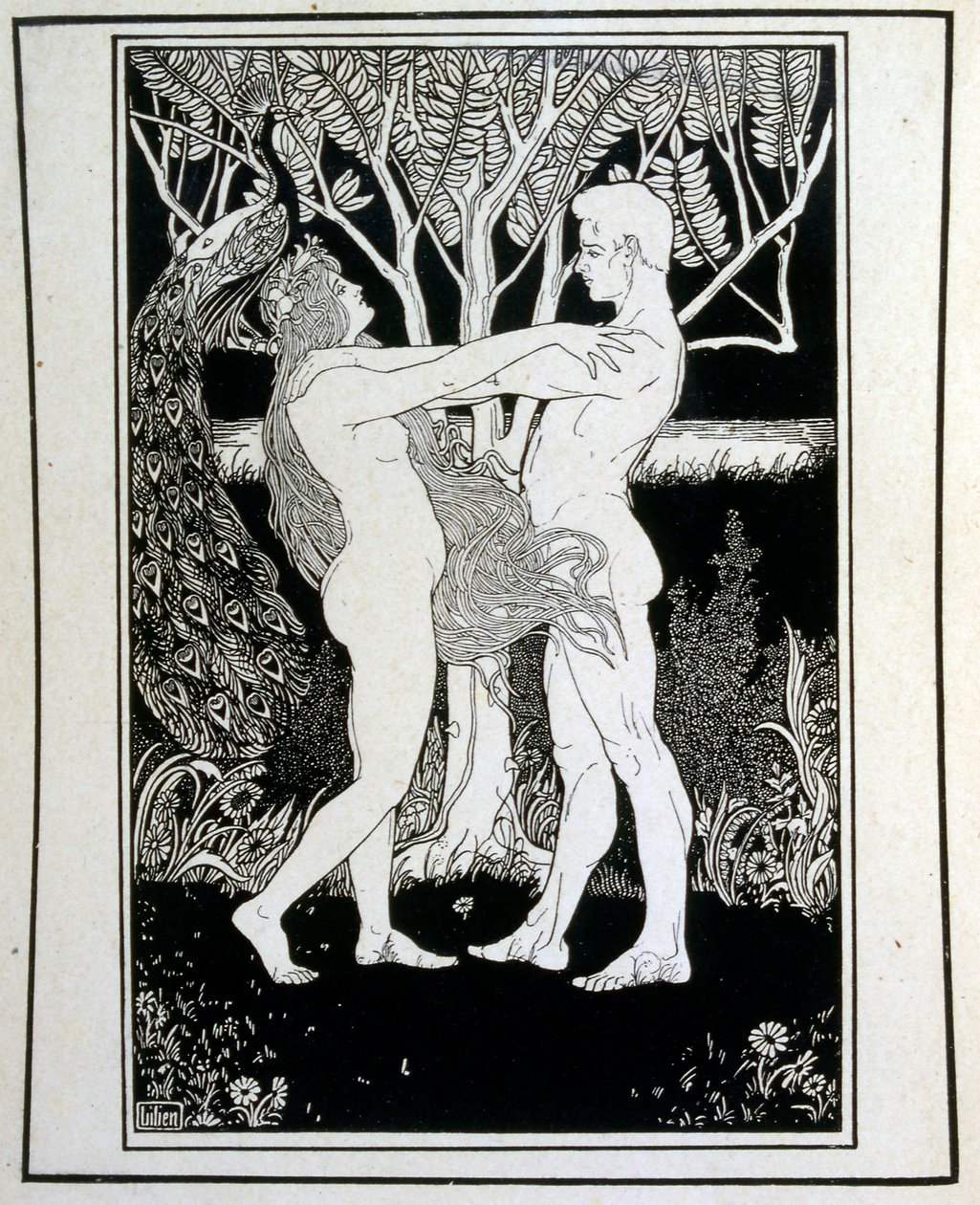Adam a Eva (nevinnost), z knihy Juda ilustrované Ephraimem Mosesem Lilienem (1874-1925). Lilian je považován za otce sionistické ikonografie vytvořené ve stylu Jugendstil (německá secese). Ilustroval „Juda“ (1900), biblickou knihu od Ephraim Moses Lilien