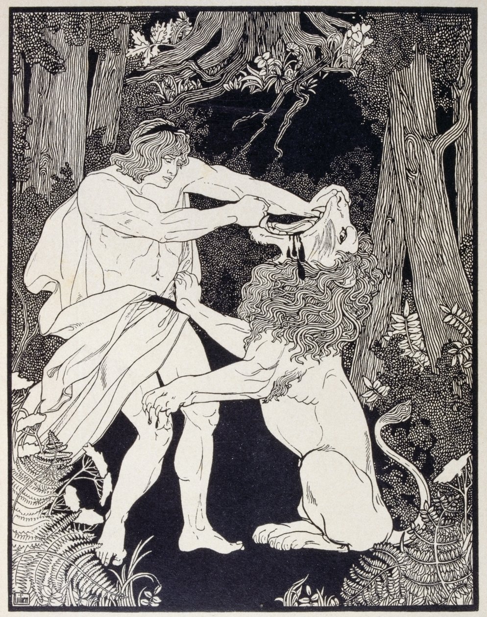 Kresba Samsona bojujícího se lvem (rytina) od Ephraim Moses Lilien