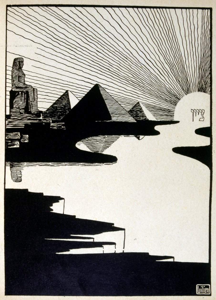 Pesach festival, z knihy Judah ilustrované Ephraim Moses Lilien (1874-1925). Lilian je považován za otce sionistické ikonografie vytvořené ve stylu Jugendstil (německá secese). Ilustroval knihu „Juda“ (1900), knihu biblické poezie od Ephraim Moses Lilien