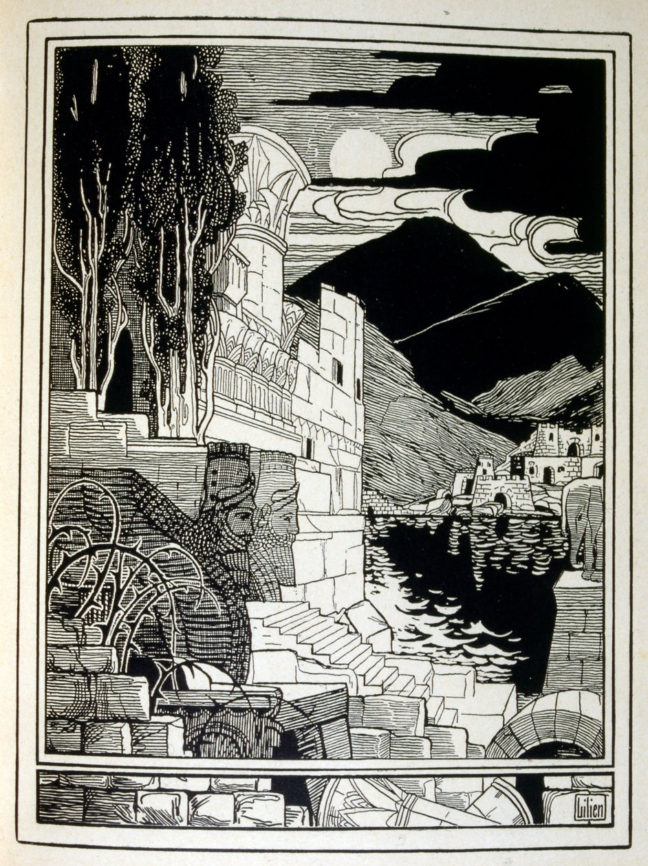 Ruiny Sodomy, z knihy Judah ilustrované Ephraimem Mosesem Lilienem (1874-1925). Lilian je považován za otce sionistické ikonografie vytvořené ve stylu Jugendstil (německá secese). Ilustroval knihu „Juda“ (1900), knihu biblického básníka od Ephraim Moses Lilien